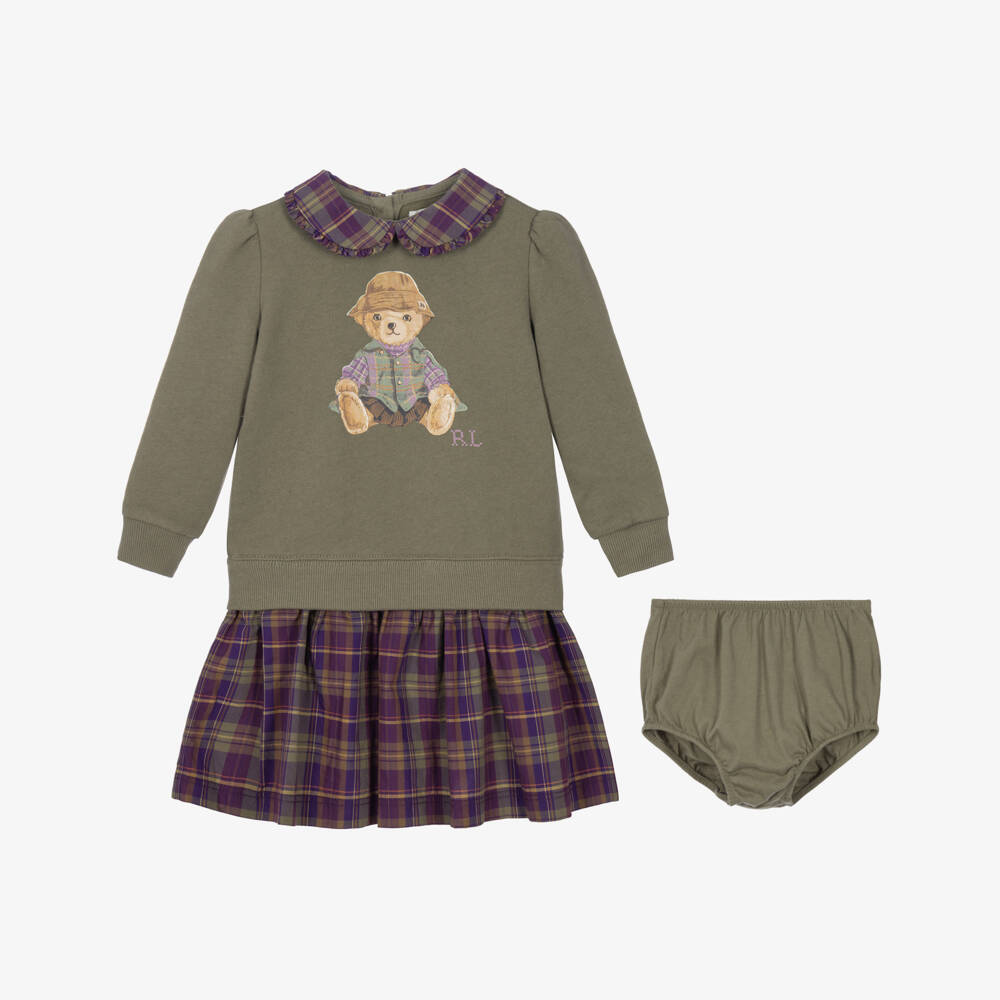 Ralph Lauren-Baby Girls Green & Purple Polo Bear Sweatshirt Dress | Childrensalon