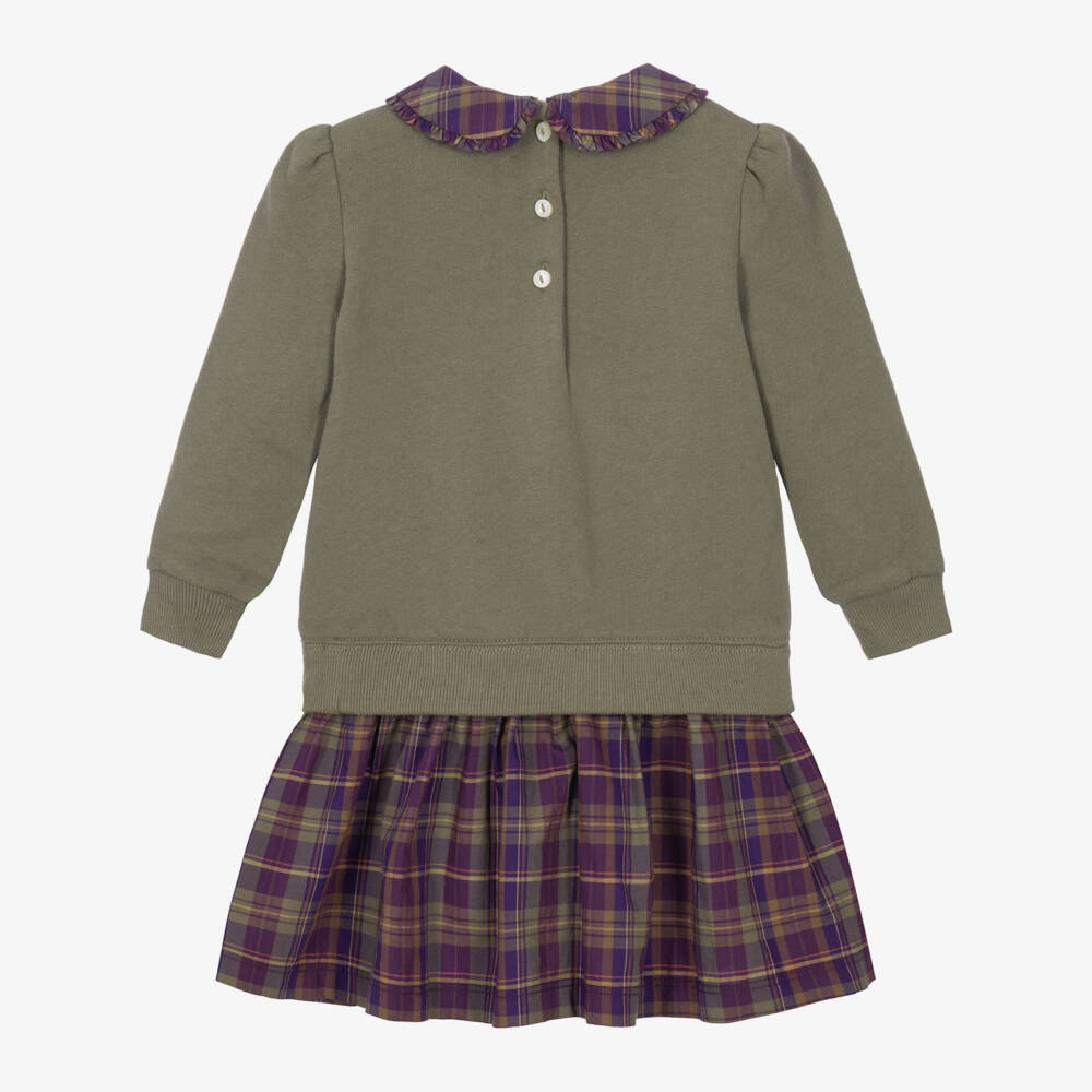 Ralph Lauren-Baby Girls Green & Purple Polo Bear Sweatshirt Dress | Childrensalon