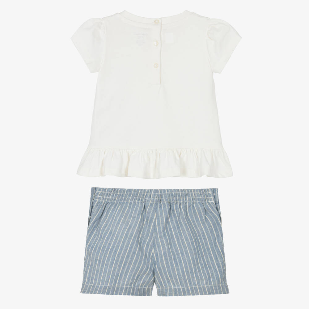Ralph Lauren-Baby Girls Ivory & Blue Linen-Cotton Polo Bear Shorts | Childrensalon