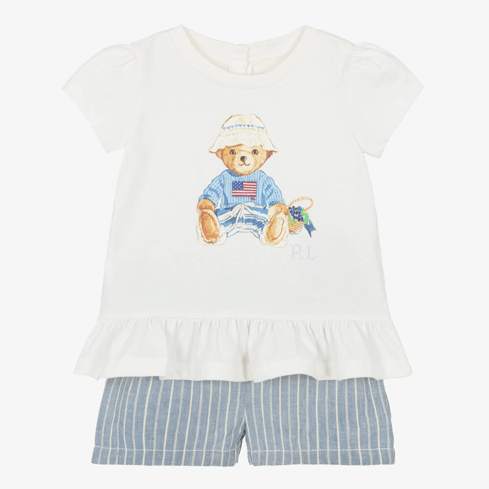 Ralph Lauren-Baby Girls Ivory & Blue Linen-Cotton Polo Bear Shorts | Childrensalon