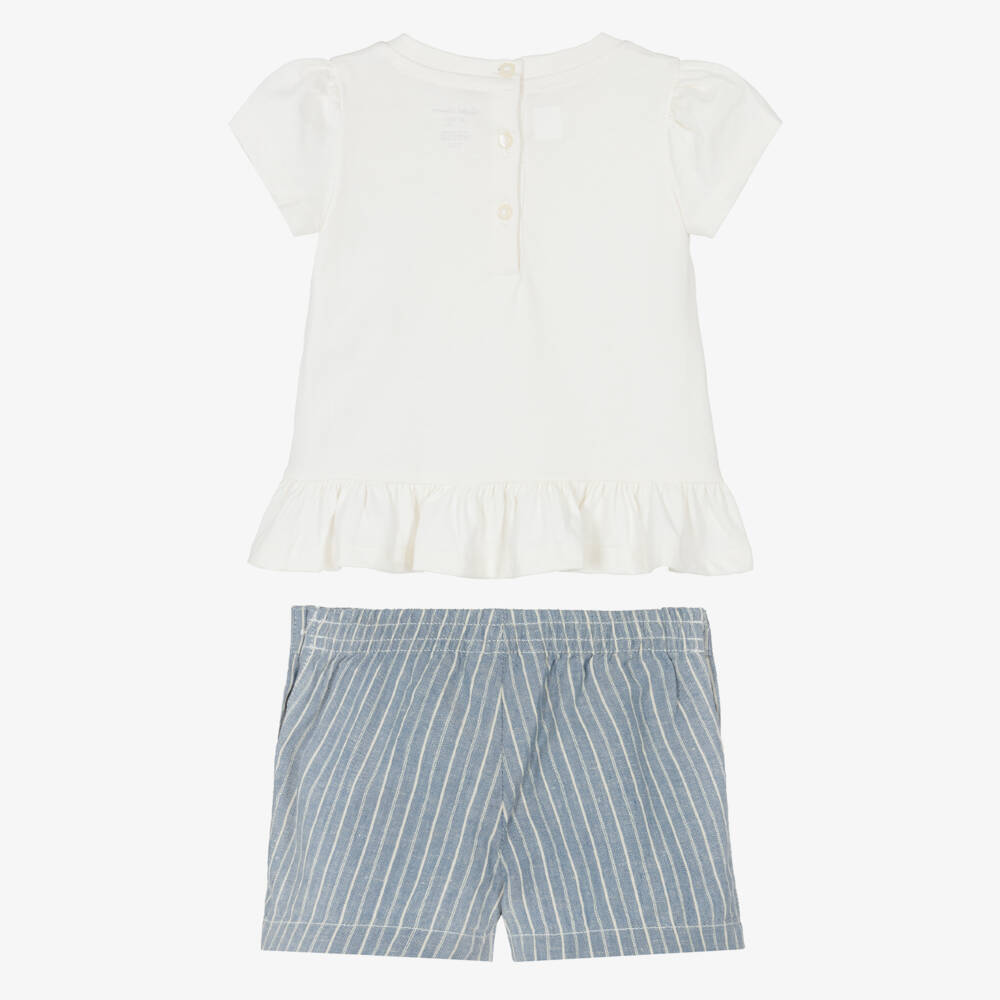 Ralph Lauren-Baby Girls Ivory & Blue Linen-Cotton Polo Bear Shorts | Childrensalon