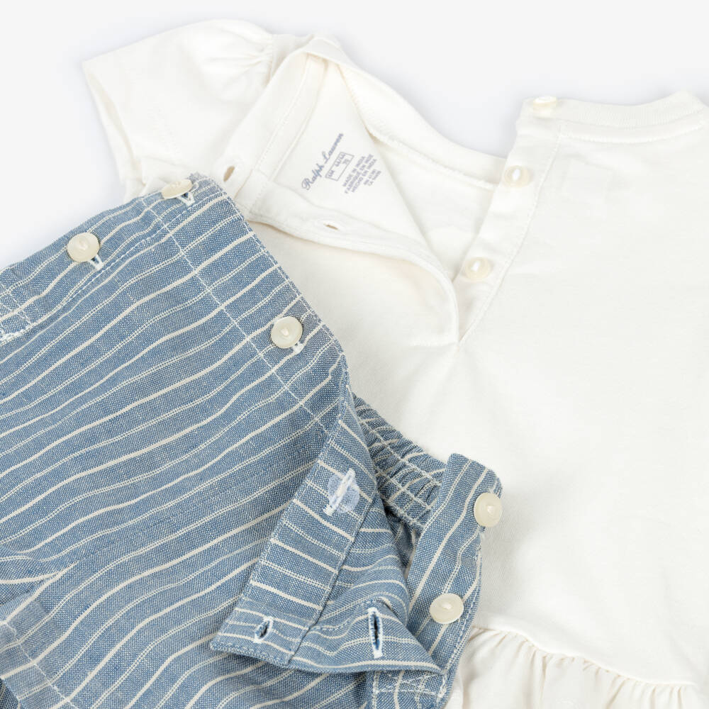 Ralph Lauren-Baby Girls Ivory & Blue Linen-Cotton Polo Bear Shorts | Childrensalon