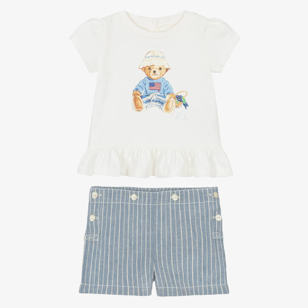 Ralph Lauren-Baby Girls Ivory & Blue Linen-Cotton Polo Bear Shorts | Childrensalon