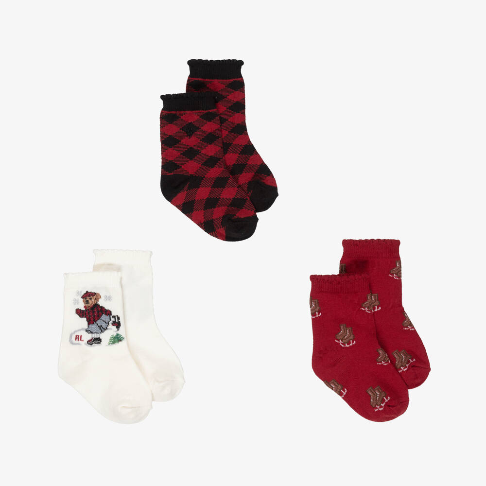 Ralph Lauren-Baby Girls Ivory & Burgundy Red Knitted Socks (3 Pack) | Childrensalon