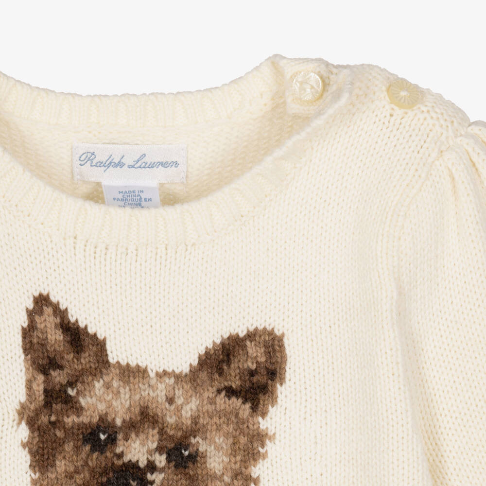 Ralph Lauren-Baby Girls Ivory Cotton Dog Sweater | Childrensalon