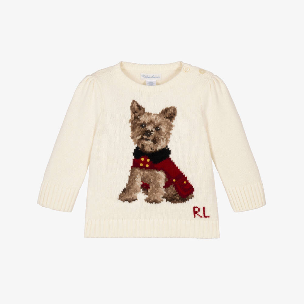 Ralph Lauren-Baby Girls Ivory Cotton Dog Sweater | Childrensalon