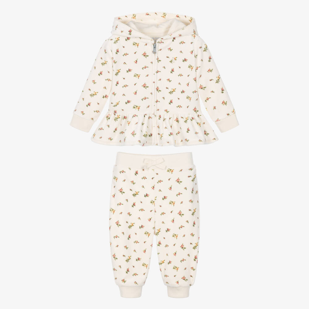 Ralph Lauren-Baby Girls Ivory Floral Print Velour Tracksuit | Childrensalon