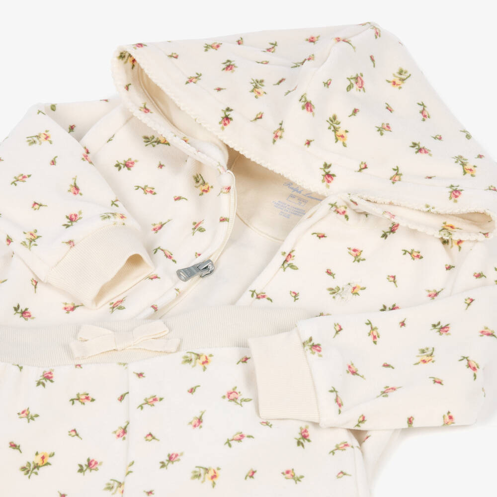 Ralph Lauren-Baby Girls Ivory Floral Print Velour Tracksuit | Childrensalon