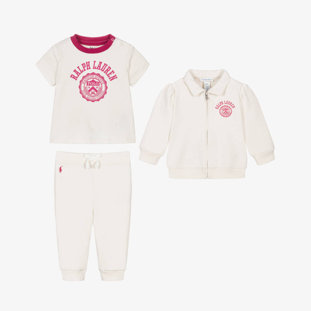 Ralph Lauren-Baby Girls Ivory Jersey Zip-Up Tracksuit Set | Childrensalon