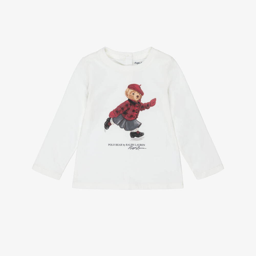 Ralph Lauren-Baby Girls Ivory Long-Sleeve Top with Polo Bear Print | Childrensalon