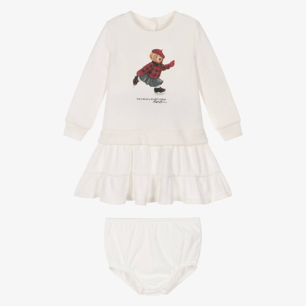 Ralph Lauren-Baby Girls Ivory Polo Bear Jersey Dress | Childrensalon