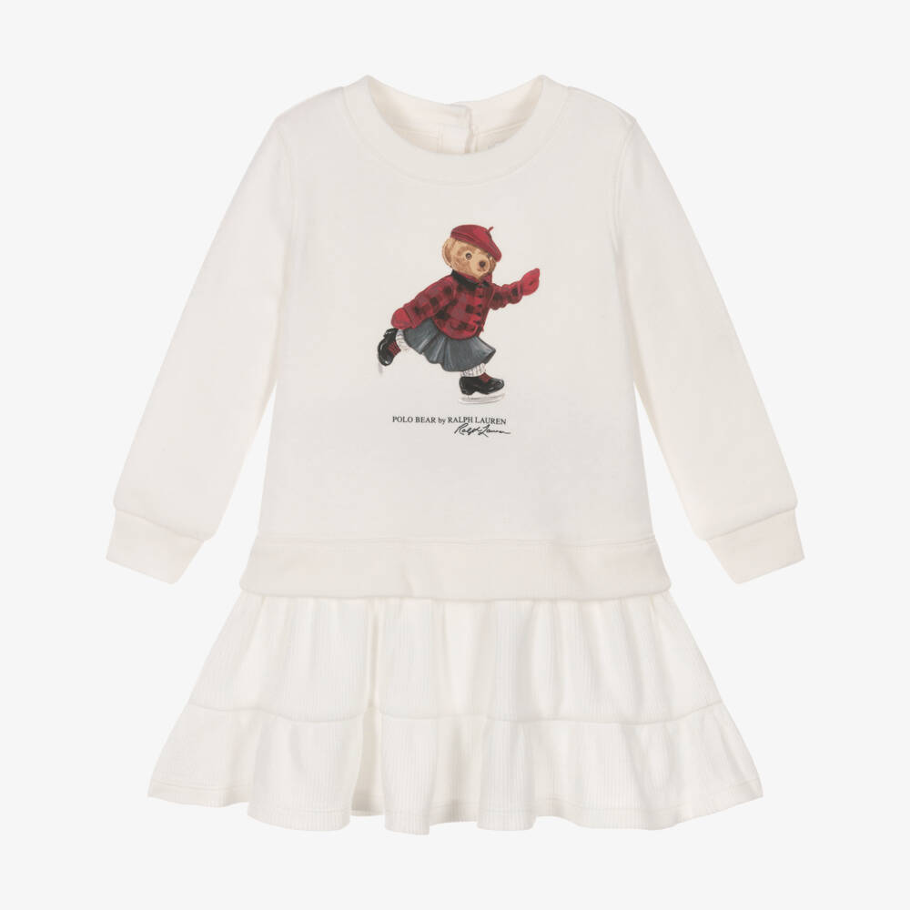 Ralph Lauren-Baby Girls Ivory Polo Bear Jersey Dress | Childrensalon