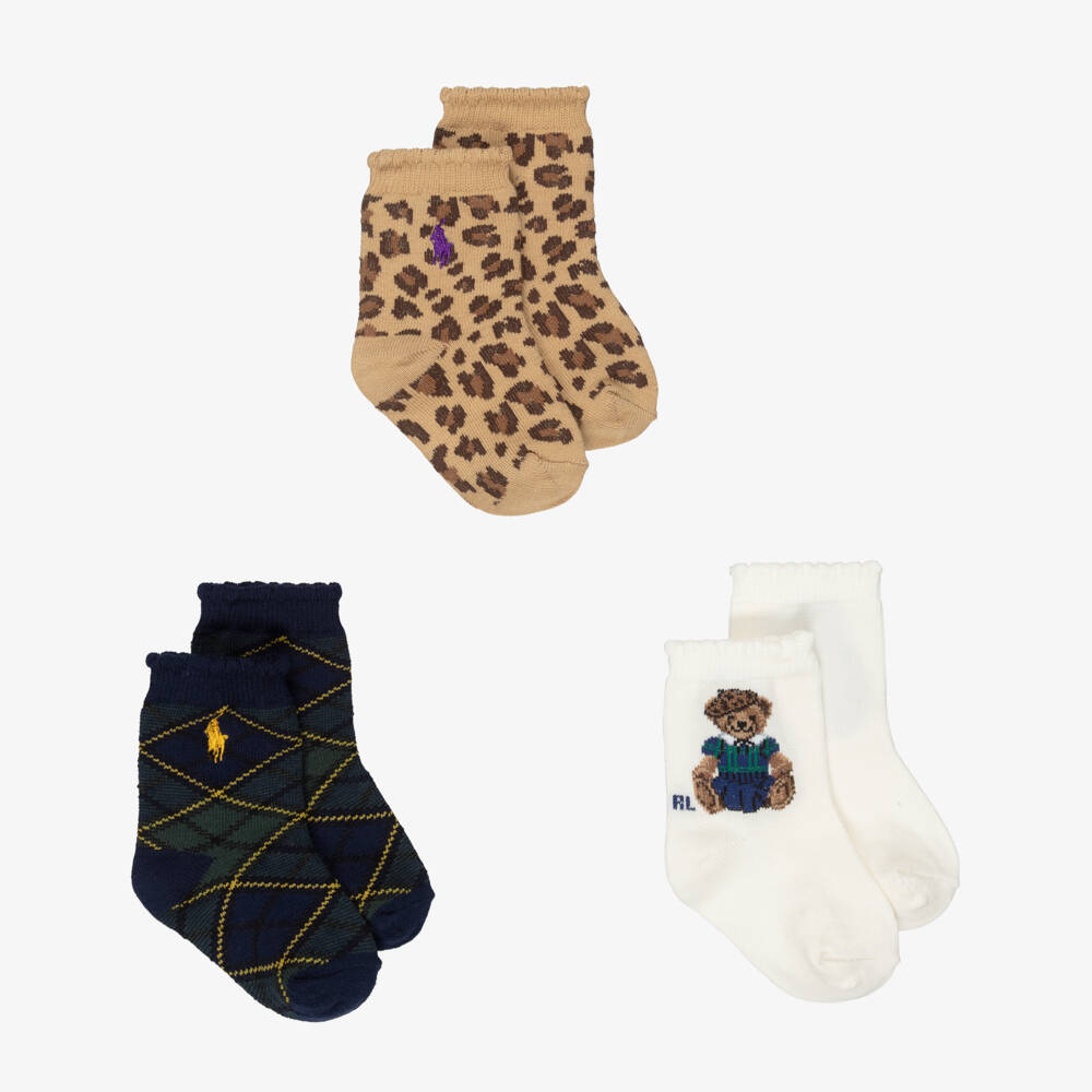 Ralph Lauren-Baby Girls Ivory Polo Bear & Leopard Print Socks (3 Pack) | Childrensalon