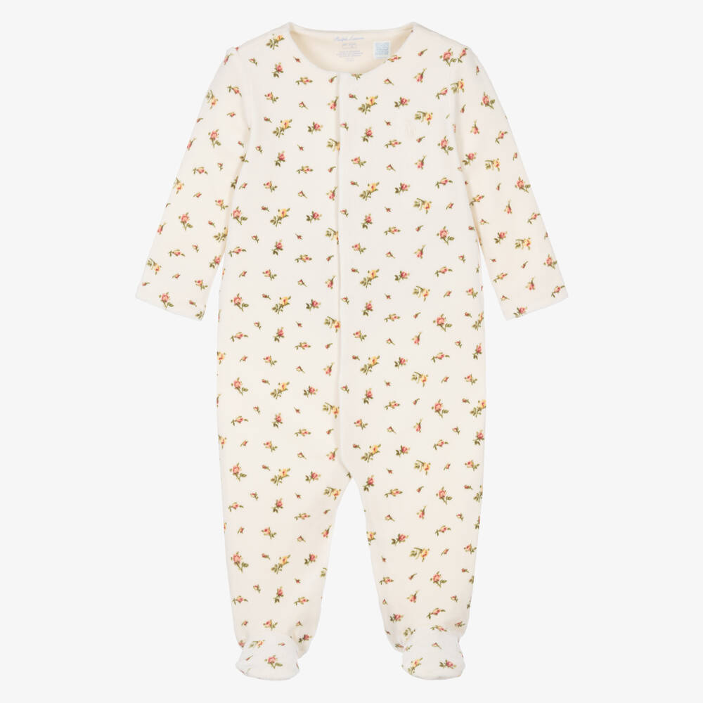 Ralph Lauren-Baby Girls Ivory Velour Babygrow with Floral Print | Childrensalon