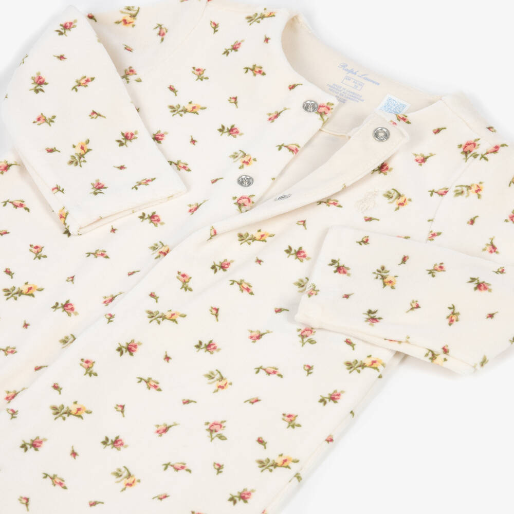 Ralph Lauren-Baby Girls Ivory Velour Babygrow with Floral Print | Childrensalon