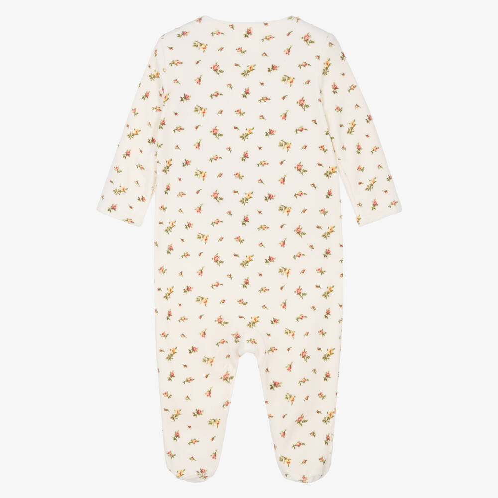 Ralph Lauren-Baby Girls Ivory Velour Babygrow with Floral Print | Childrensalon