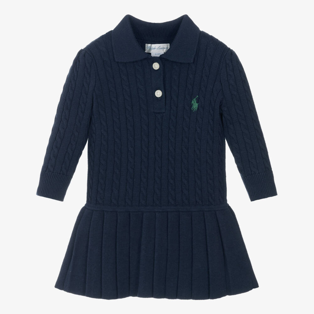 Ralph Lauren-Baby Girls Navy Blue Cable Knit Dress | Childrensalon
