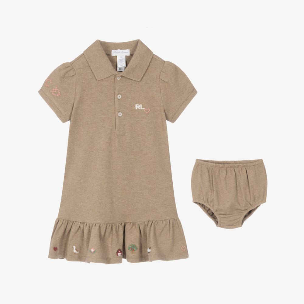Ralph Lauren-Baby Girls Oatmeal Brown Piqué Polo Dress | Childrensalon