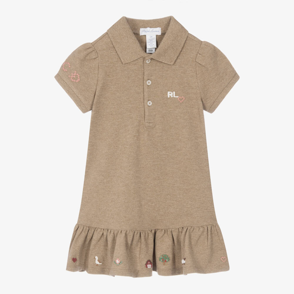 Ralph Lauren-Baby Girls Oatmeal Brown Piqué Polo Dress | Childrensalon