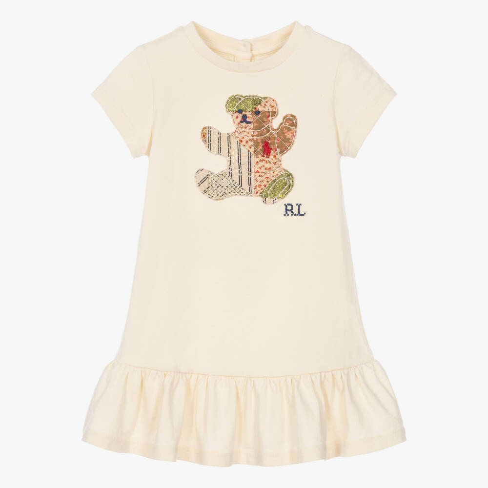 Ralph Lauren-Baby Girls Pale Beige Cotton Patchwork Bear Dress | Childrensalon