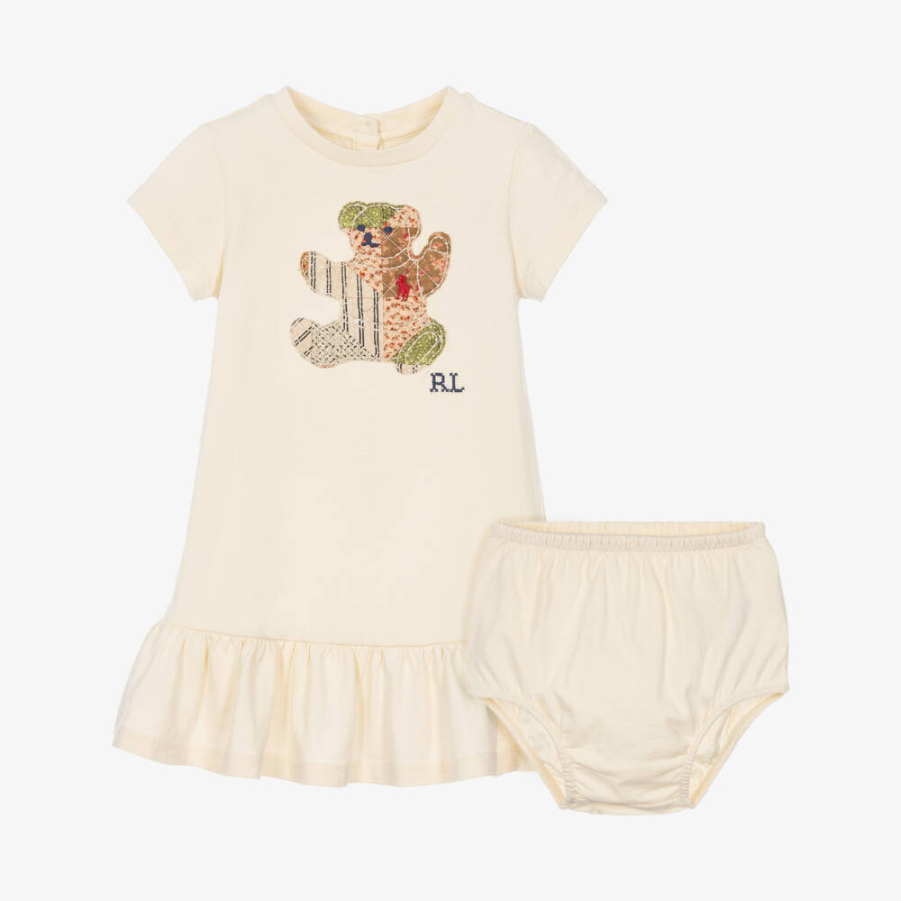 Ralph Lauren-Baby Girls Pale Beige Cotton Patchwork Bear Dress | Childrensalon
