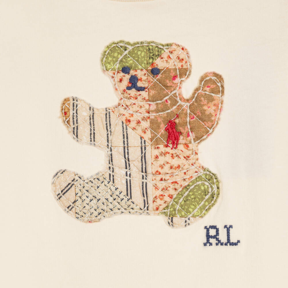 Ralph Lauren-Baby Girls Pale Beige Cotton Patchwork Bear Dress | Childrensalon