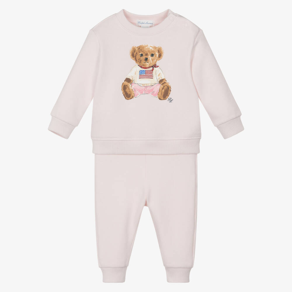 Ralph Lauren-Baby Girls Pale Pink Polo Bear Jersey Tracksuit | Childrensalon
