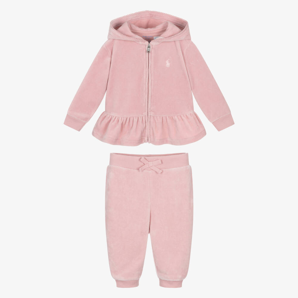 Ralph Lauren-Спортивный костюм с капюшоном из велюра розовый для малышек | Childrensalon