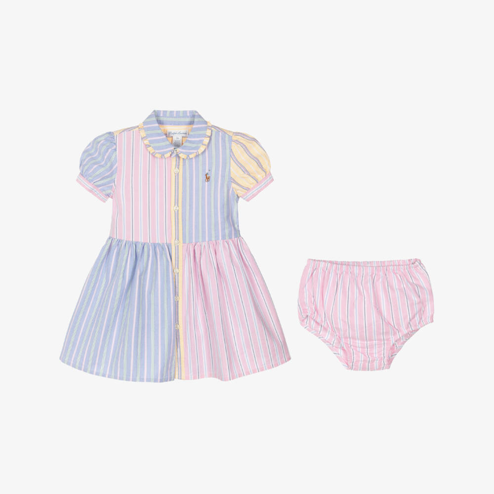 Ralph Lauren-Baby Girls Pink & Blue Colourblock Stripe Cotton Dress | Childrensalon
