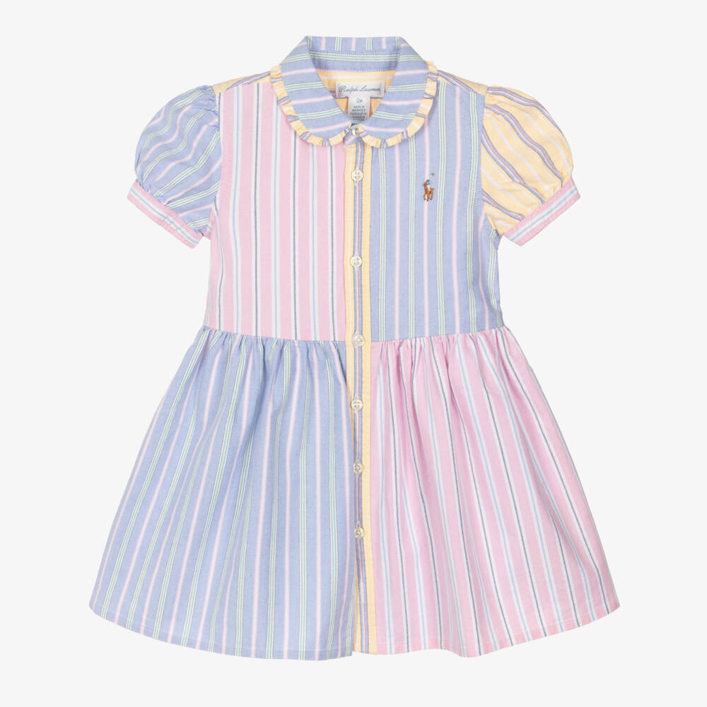 Ralph Lauren-Baby Girls Pink & Blue Colourblock Stripe Cotton Dress | Childrensalon
