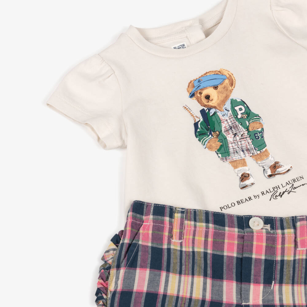 Ralph Lauren-Baby Girls Pink & Blue Tartan Cotton Polo Bear Shorts Set | Childrensalon