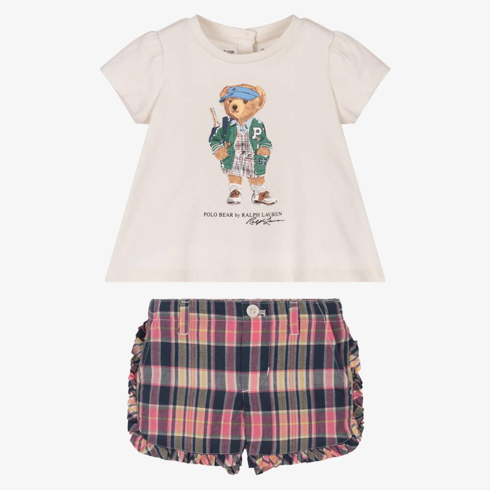 Ralph Lauren-Baby Girls Pink & Blue Tartan Cotton Polo Bear Shorts Set | Childrensalon