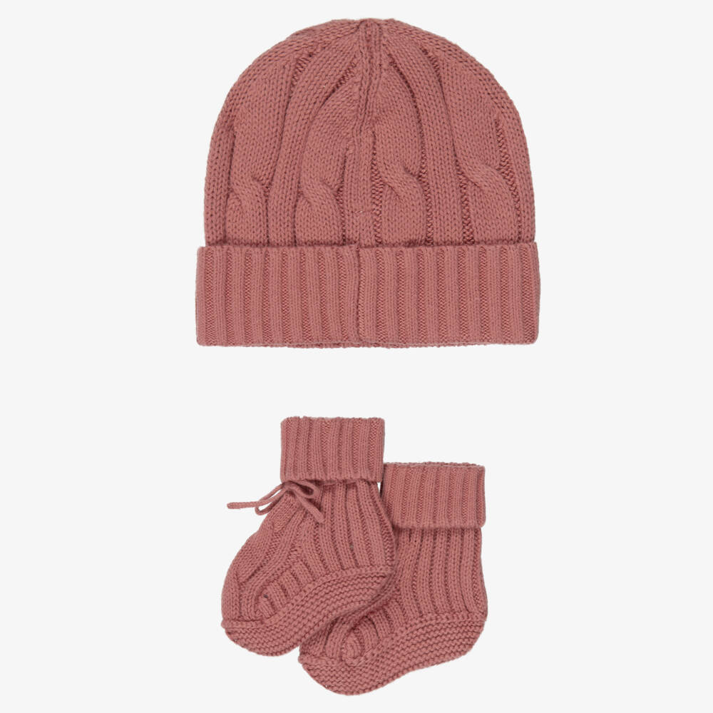 Ralph Lauren-Baby Girls Pink Cable Knit Hat & Booties Set | Childrensalon