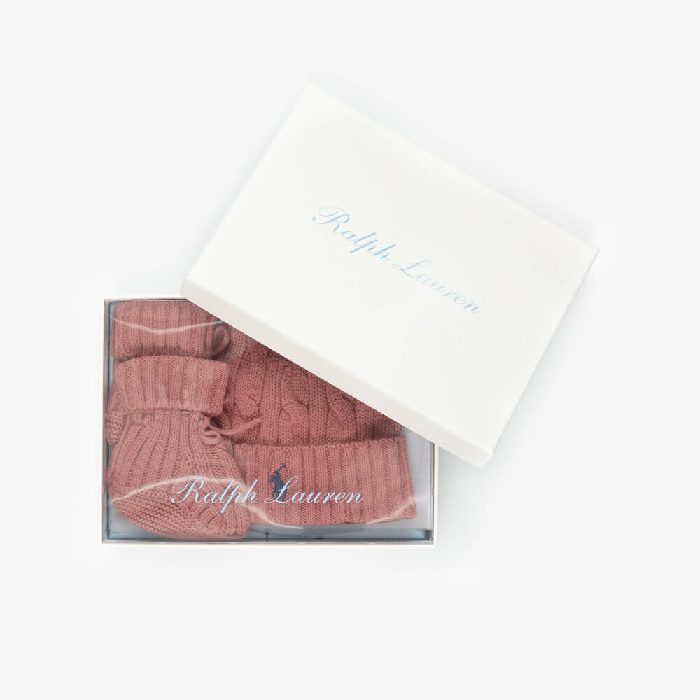 Ralph Lauren-Baby Girls Pink Cable Knit Hat & Booties Set | Childrensalon
