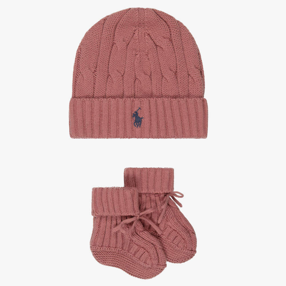 Ralph Lauren-Baby Girls Pink Cable Knit Hat & Booties Set | Childrensalon