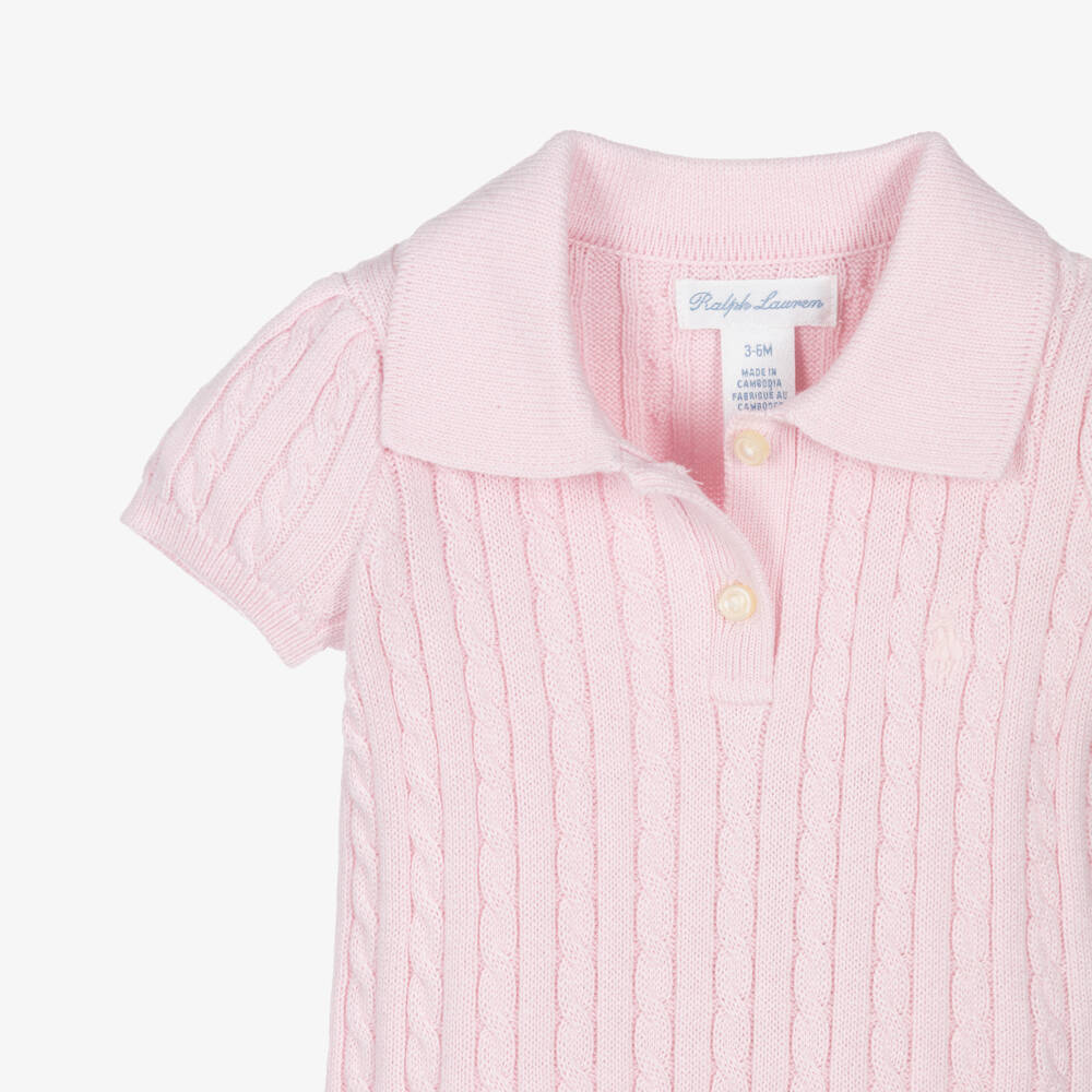 Ralph Lauren-Baby Girls Pink Cotton Cable Knit Polo Dress | Childrensalon
