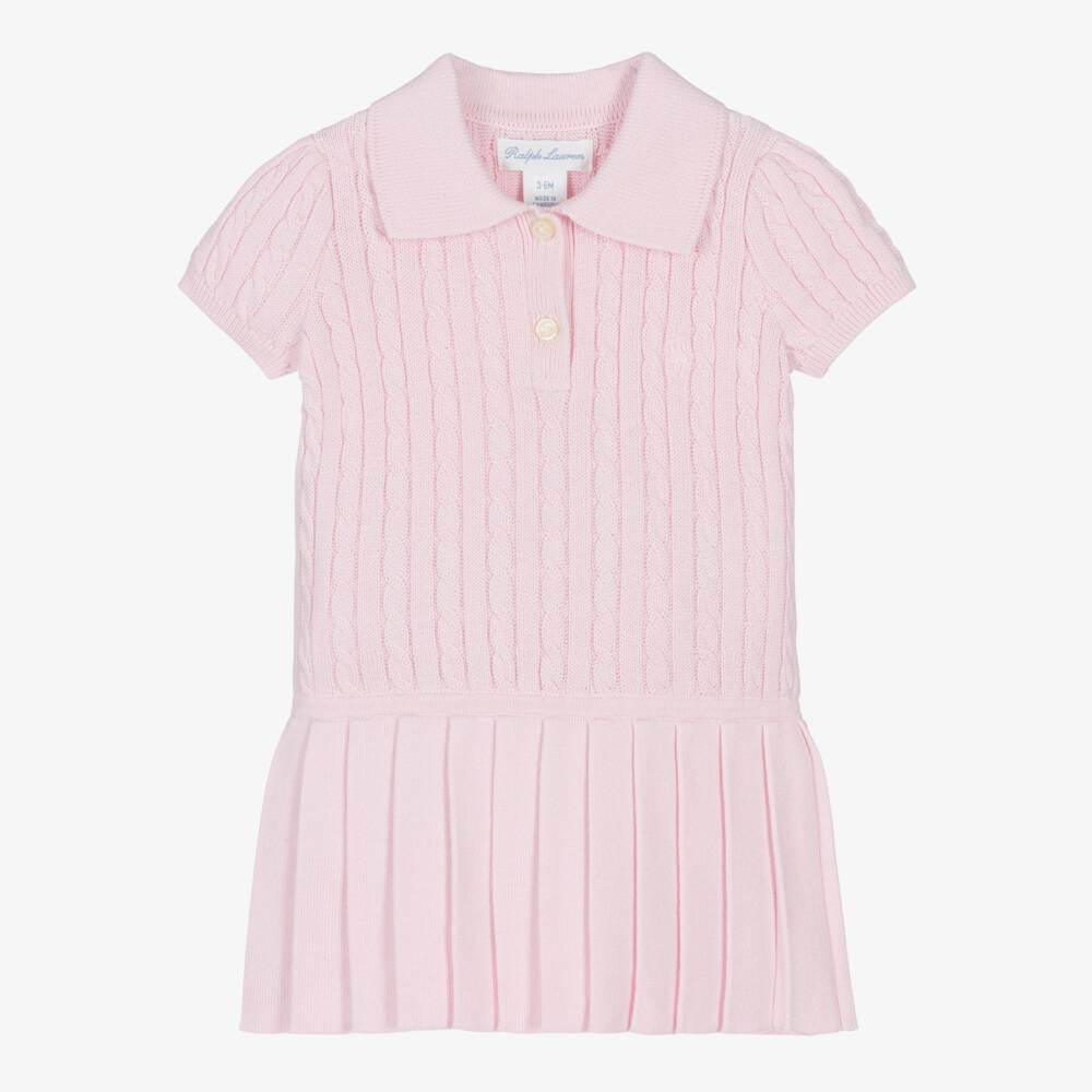 Ralph Lauren-Baby Girls Pink Cotton Cable Knit Polo Dress | Childrensalon