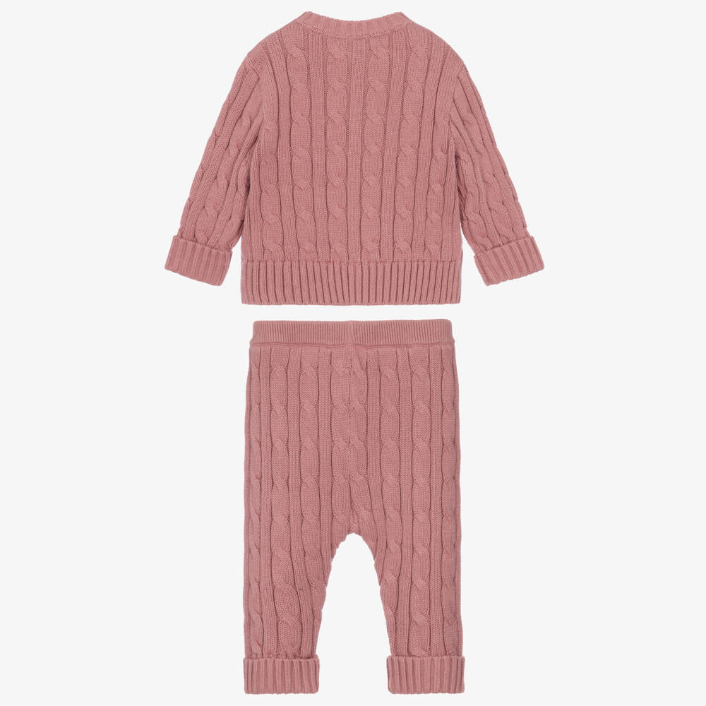 Ralph Lauren-Baby Girls Pink Cotton Cable-Knit Trouser Set | Childrensalon