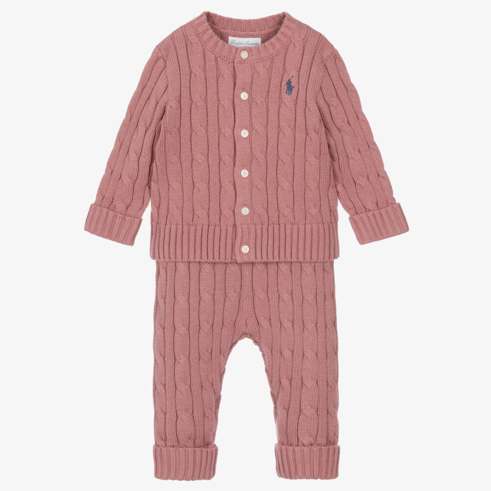 Ralph Lauren-Baby Girls Pink Cotton Cable-Knit Trouser Set | Childrensalon