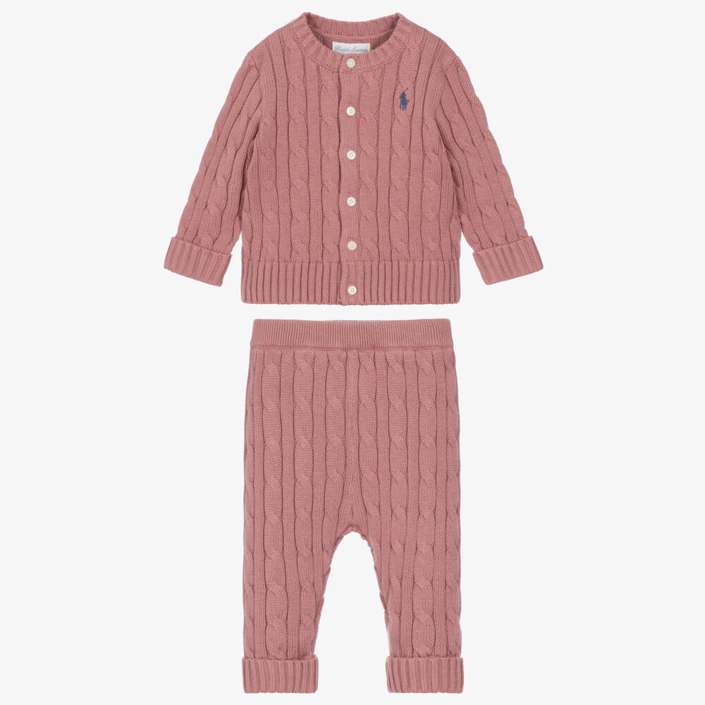 Ralph Lauren-Baby Girls Pink Cotton Cable-Knit Trouser Set | Childrensalon