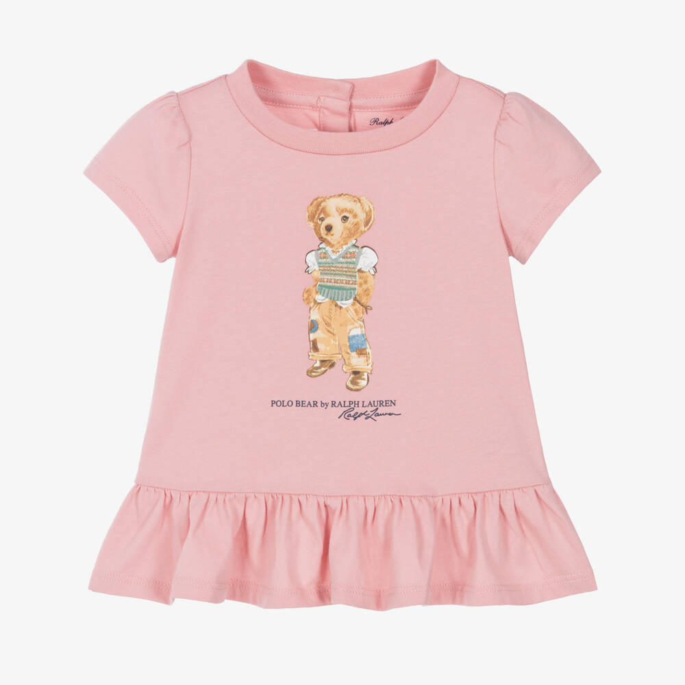 Ralph Lauren-Baby Girls Pink Cotton Jersey Polo Bear Dress | Childrensalon