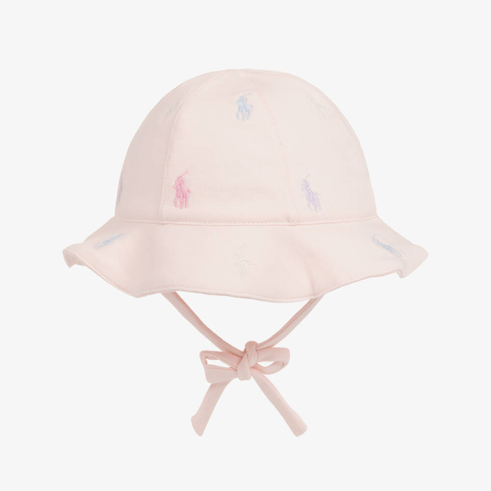 Ralph Lauren-Baby Girls Pink Cotton Jersey Sun Hat with Pony Logos | Childrensalon