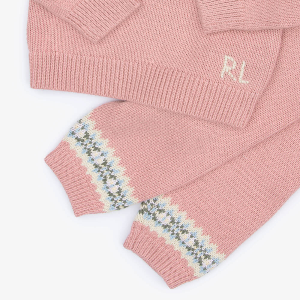 Ralph Lauren-Baby Girls Pink Cotton Knit Fair Isle Trouser Set | Childrensalon