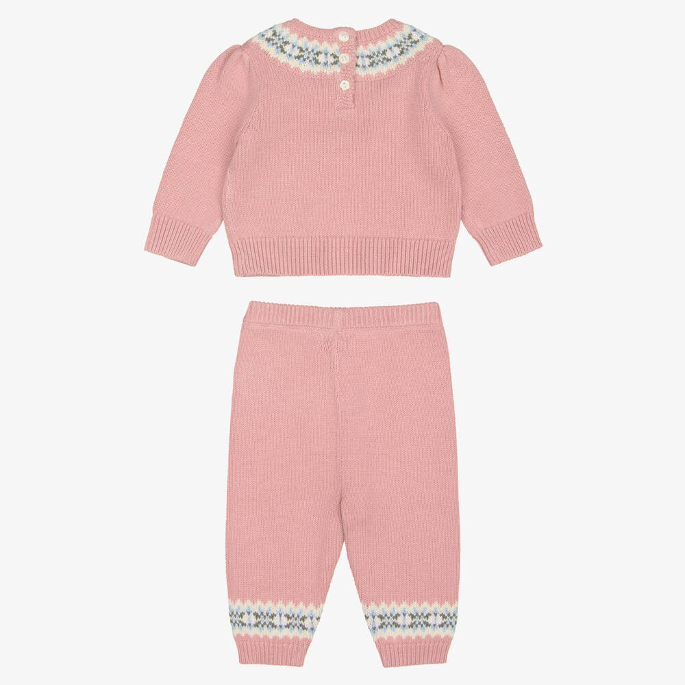 Ralph Lauren-Baby Girls Pink Cotton Knit Fair Isle Trouser Set | Childrensalon
