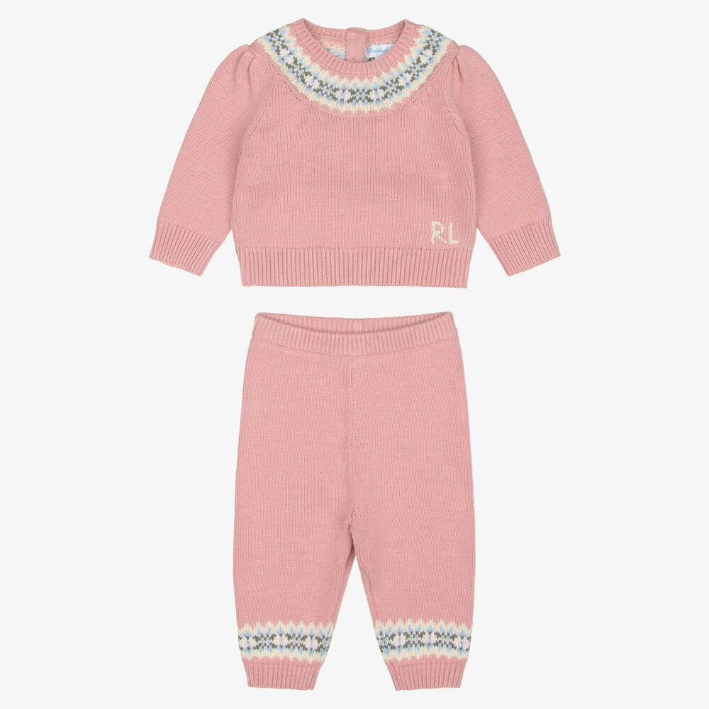 Ralph Lauren-Baby Girls Pink Cotton Knit Fair Isle Trouser Set | Childrensalon