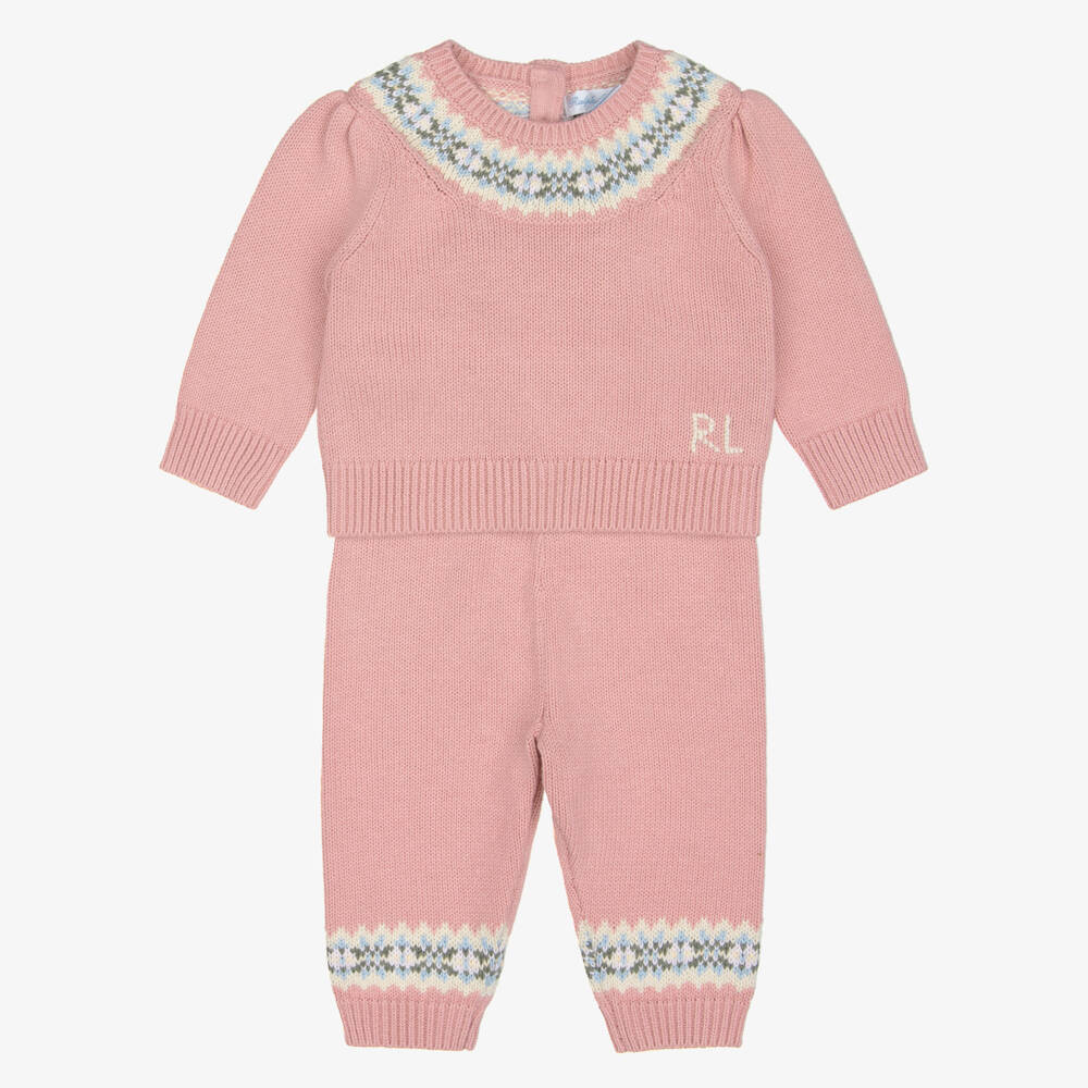 Ralph Lauren-Baby Girls Pink Cotton Knit Fair Isle Trouser Set  | Childrensalon