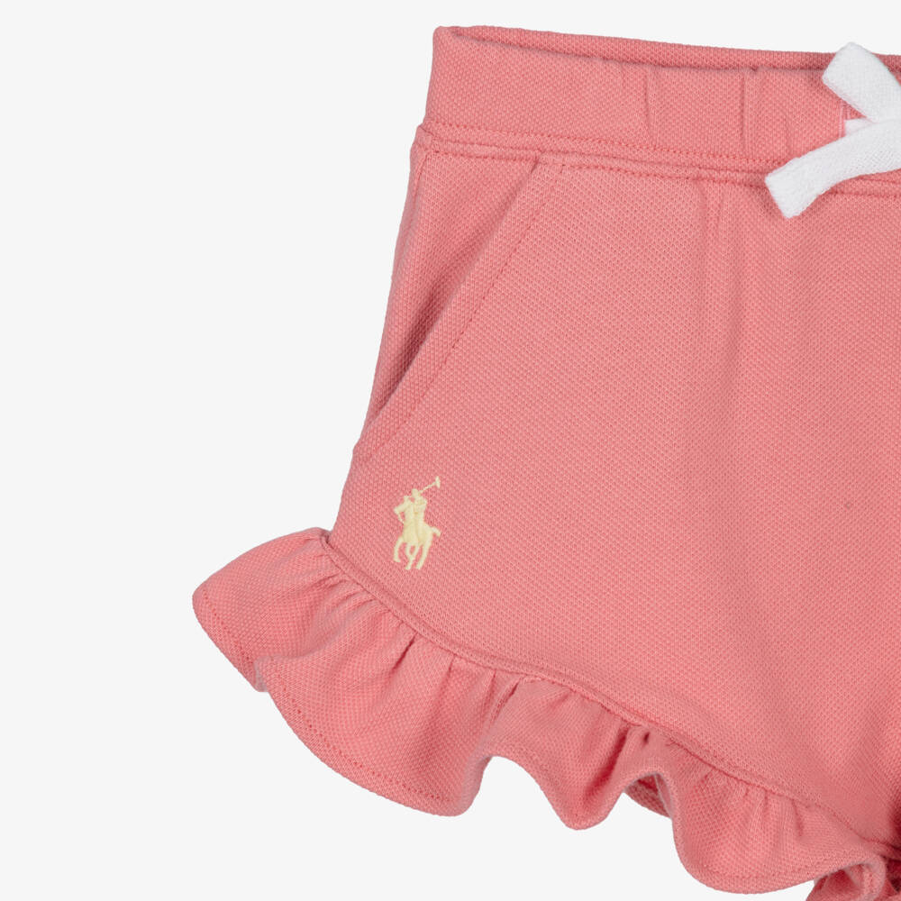 Ralph Lauren-Baby Girls Pink Cotton Piqué Shorts with Ruffle Trim | Childrensalon