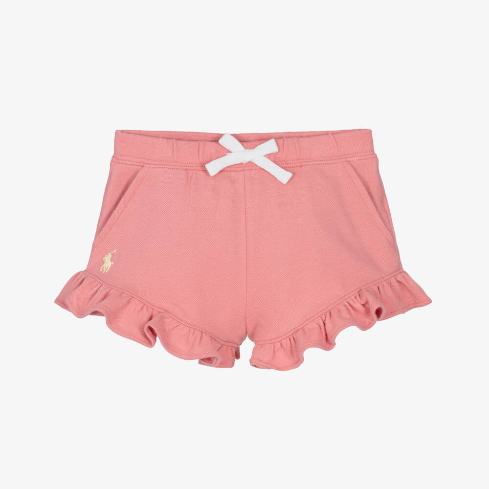 Ralph Lauren-Baby Girls Pink Cotton Piqué Shorts with Ruffle Trim | Childrensalon