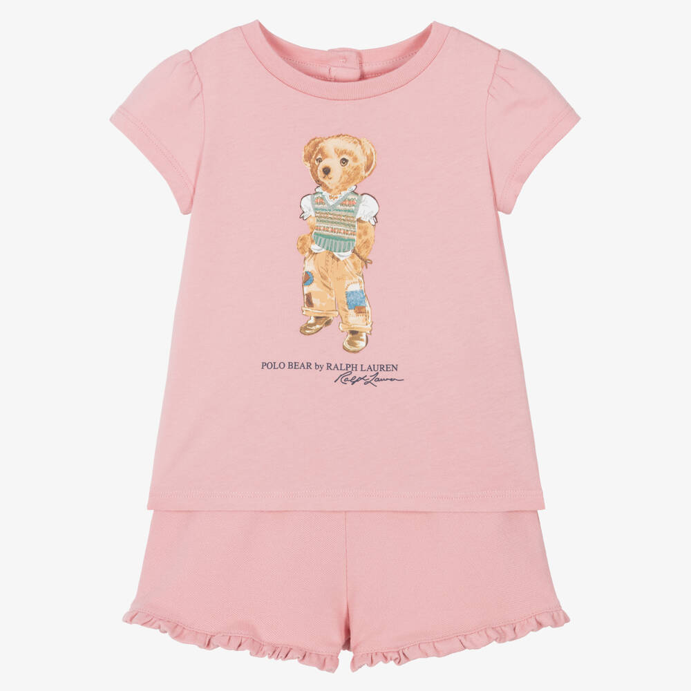 Ralph Lauren-Baby Girls Pink Cotton Polo Bear Shorts Set | Childrensalon