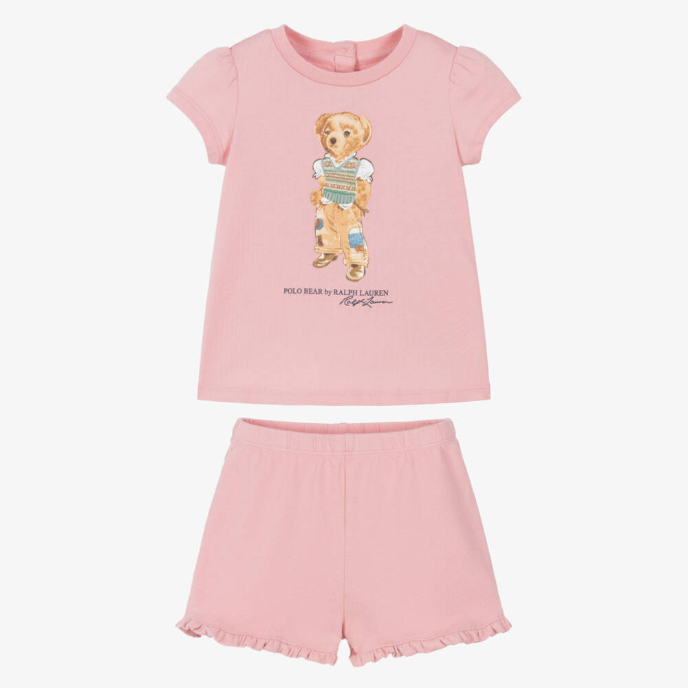Ralph Lauren-Baby Girls Pink Cotton Polo Bear Shorts Set | Childrensalon